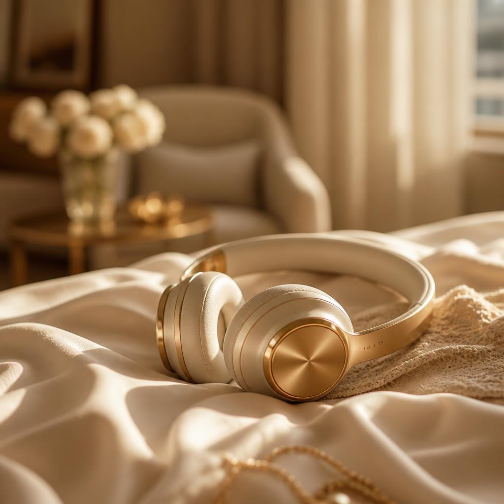 Auriculares dorados sobre seda crema, imagen del curso de audio Atracción Irresistible que Perdura